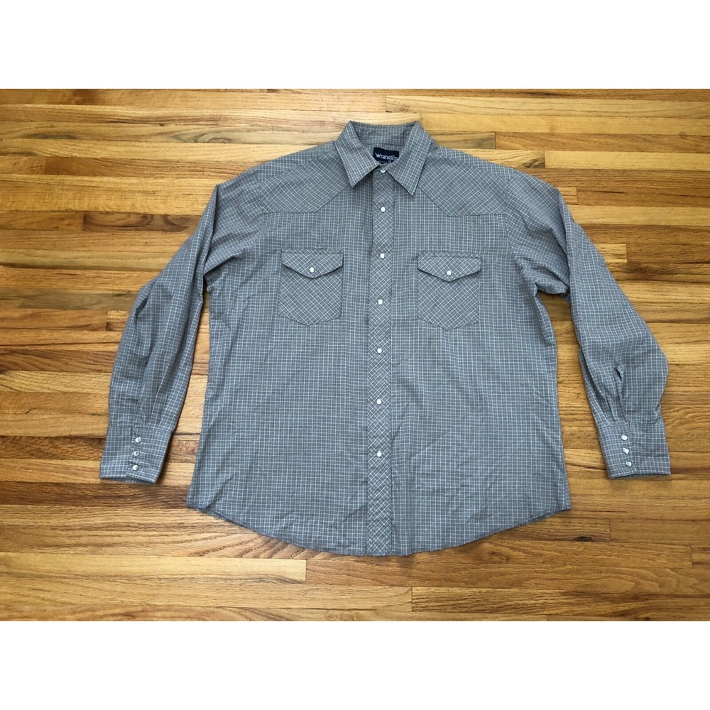 Wrangler Western Button Up Shirt Men XL Gray Gingham Pearl Snap‎ Spread Collared